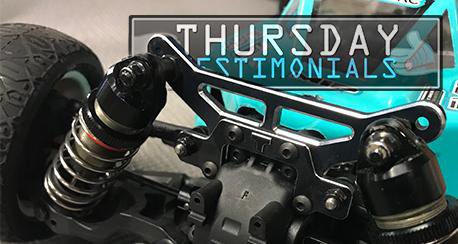 Main Photo: THURSDAY TESTIMONIALS: VRP EB410 aluminum shock towers, front camber plate, and battery brace
